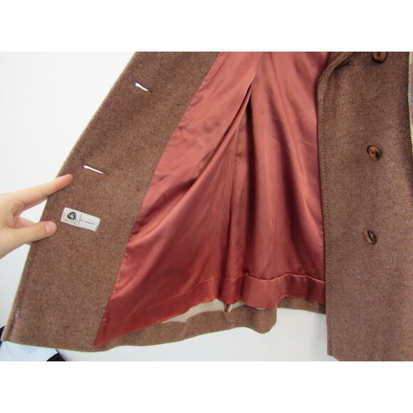 Vintage Union Made Wool Pea Coat Brown Knee Length Plaid Scarf 80's VTG - Picture 10 of 12